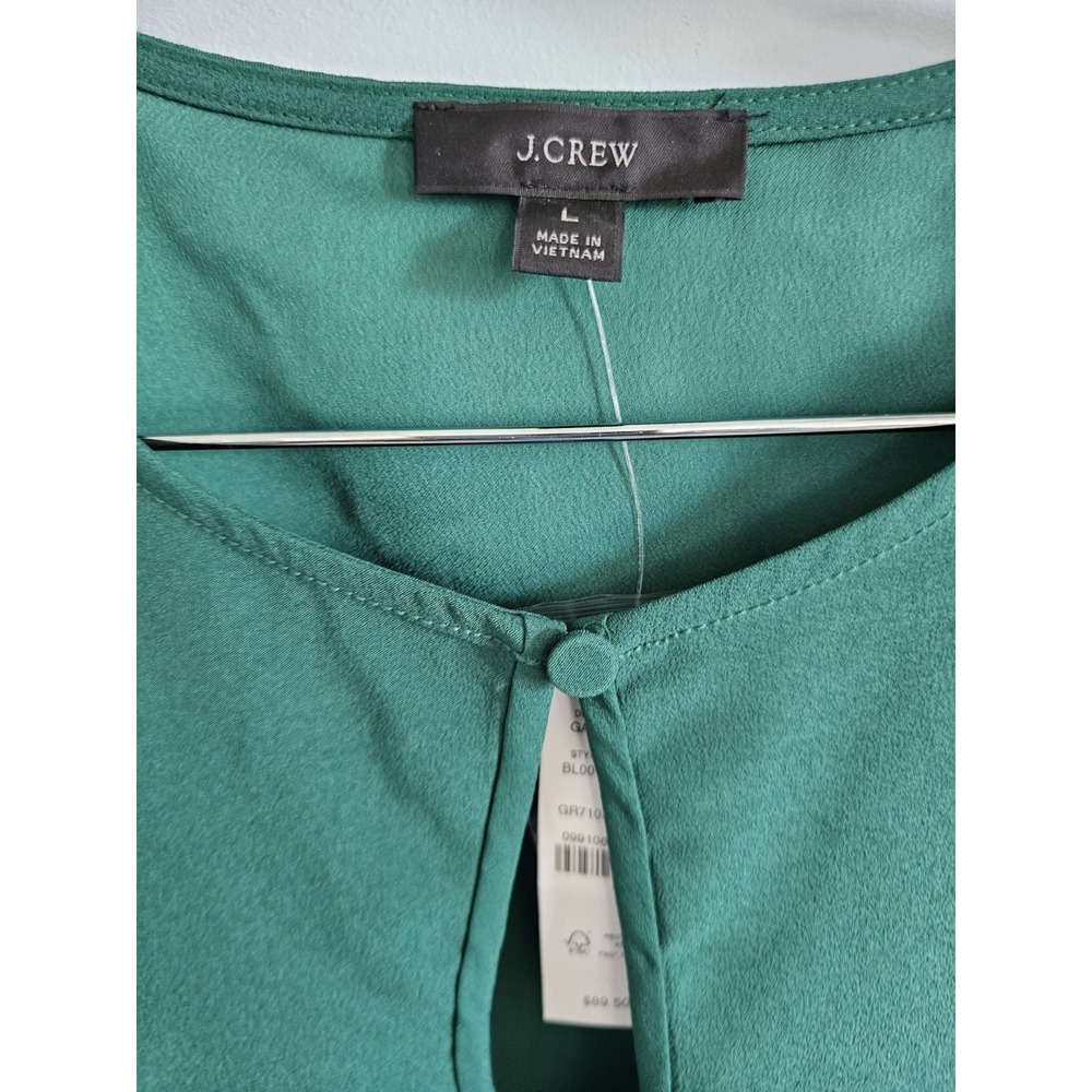 J Crew Shirt Womens Large Holiday Green Puff Sleeve Satin Back Crepe - Picture 2 of 5